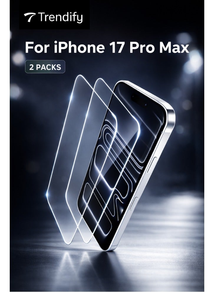 Trendify 2-Pack iPhone 17 Pro Max Screen Protector 6.9 Inch – Ultra HD Clear, Scratch Resistant, Military-Grade Protection, Easy Installation, Anti-Fingerprint, Bubble-Free Tempered Glass Film – Clear - Image 1